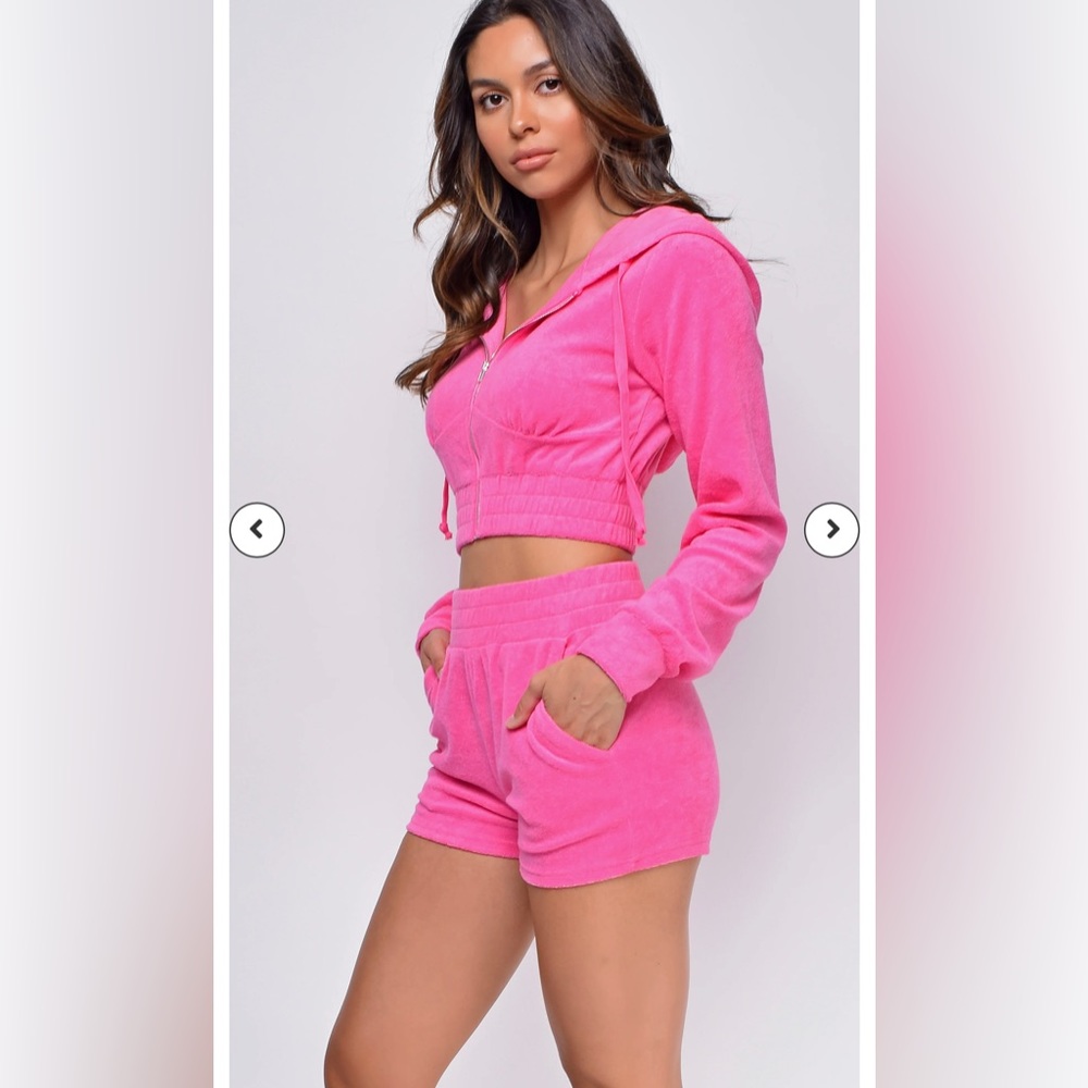 Pink French Terry Crop Hoodie & Shorts.